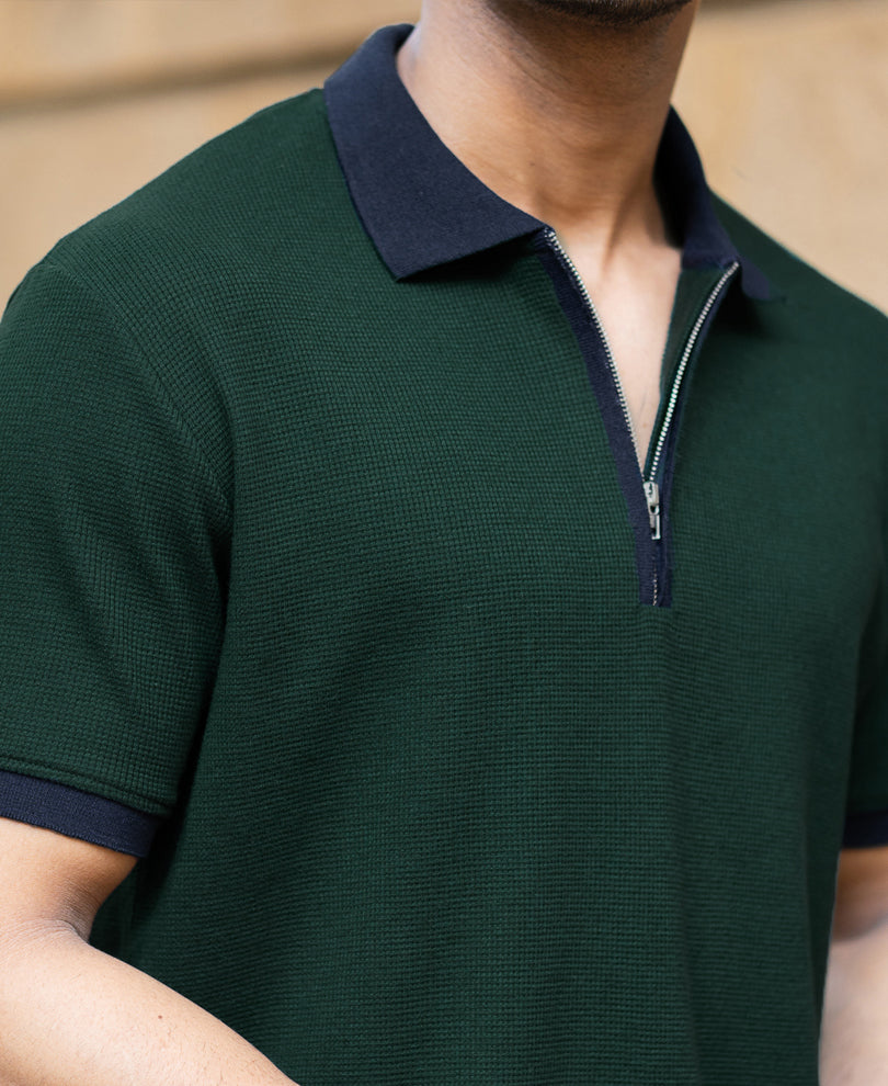 Bottle Green Contrast Collar T-Shirt