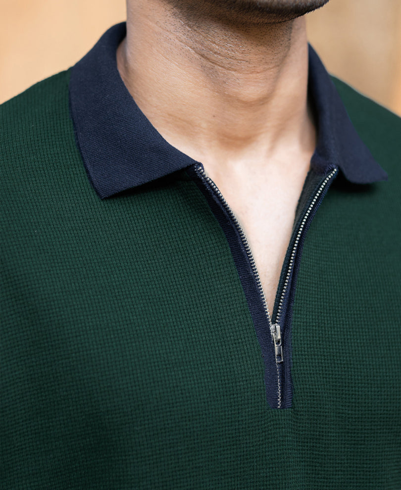 Bottle Green Contrast Collar T-Shirt