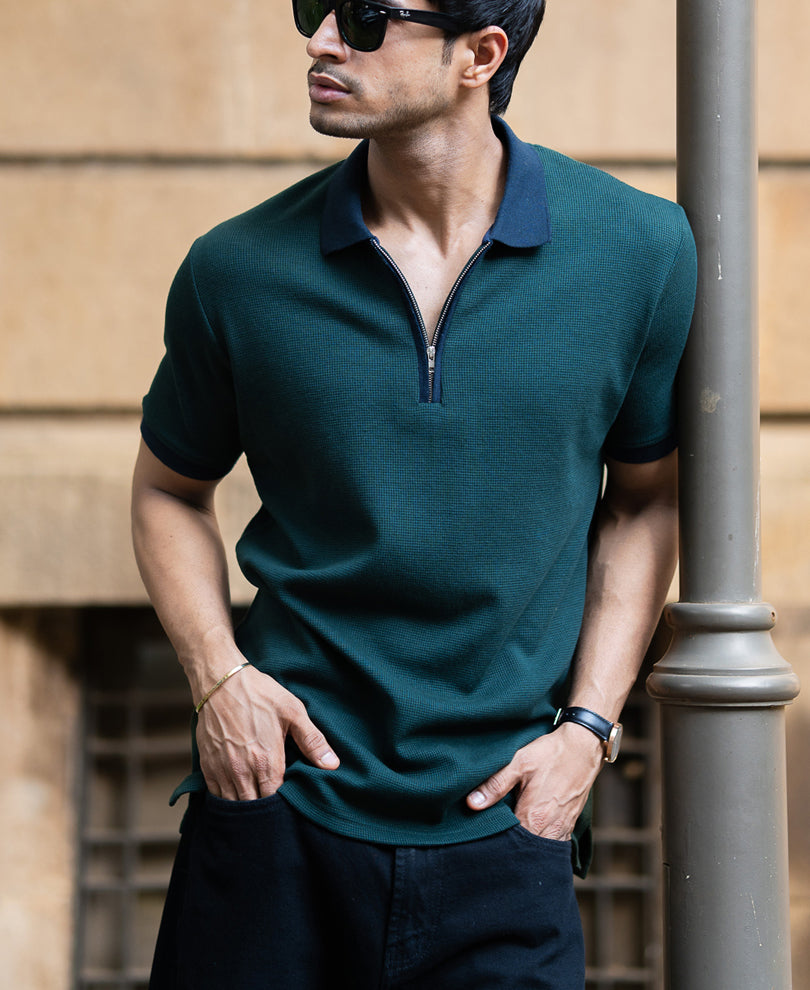 Bottle Green Contrast Collar T-Shirt