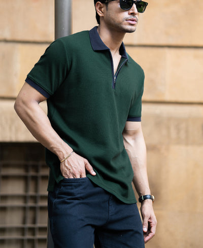 Bottle Green Contrast Collar T-Shirt