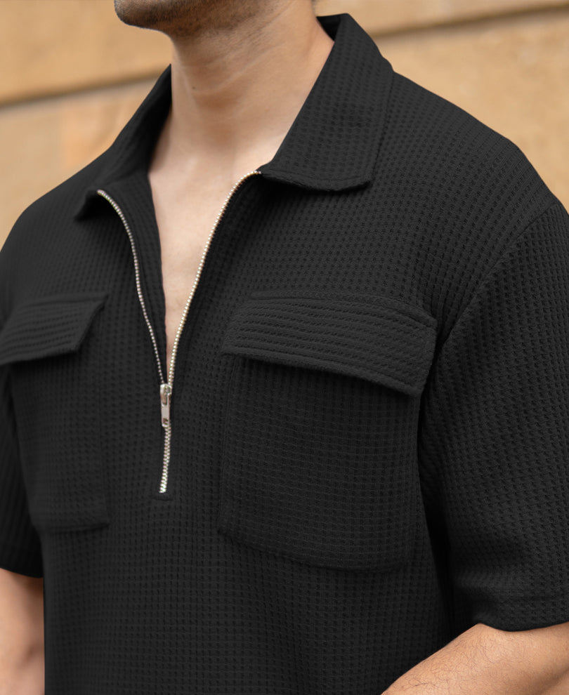 Black Zipper Polo With Pockets
