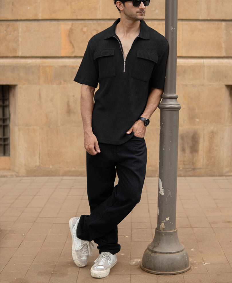 Black Zipper Polo With Pockets