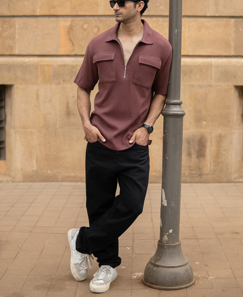Coffee Zipper Polo With Pockets