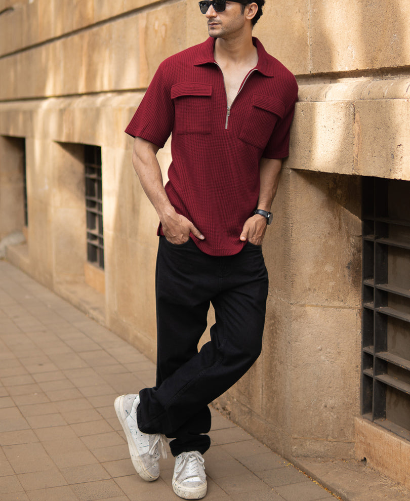Maroon Zipper Polo With Pockets