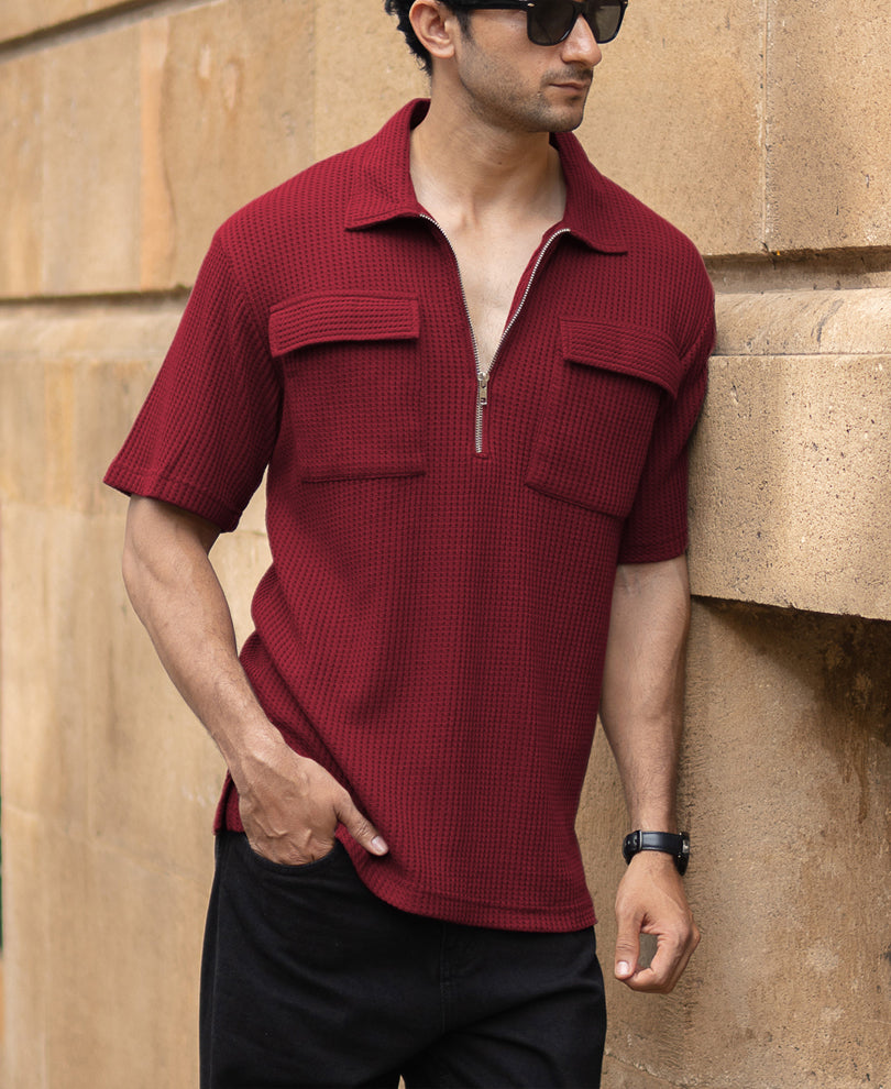 Maroon Zipper Polo With Pockets