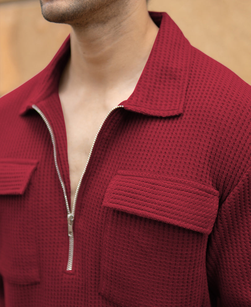Maroon Zipper Polo With Pockets