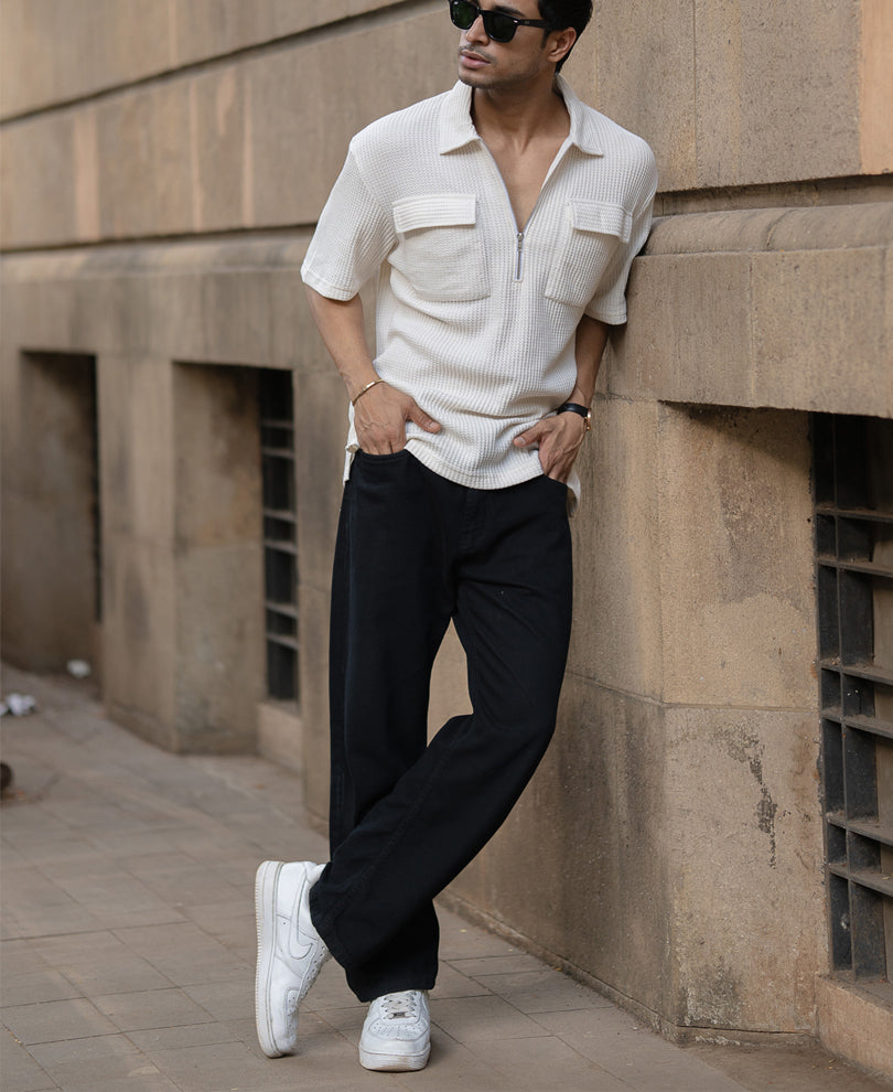 White Zipper Polo With Pockets