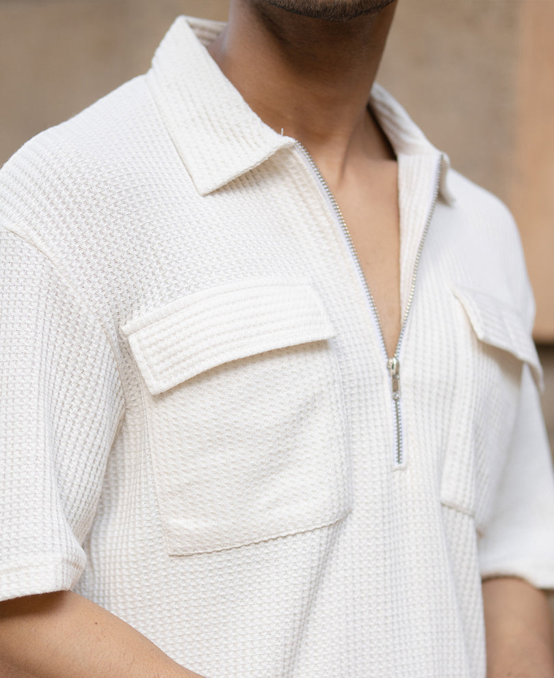 White Zipper Polo With Pockets