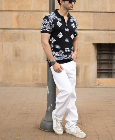 Black Bandana Knit Polo T-Shirt