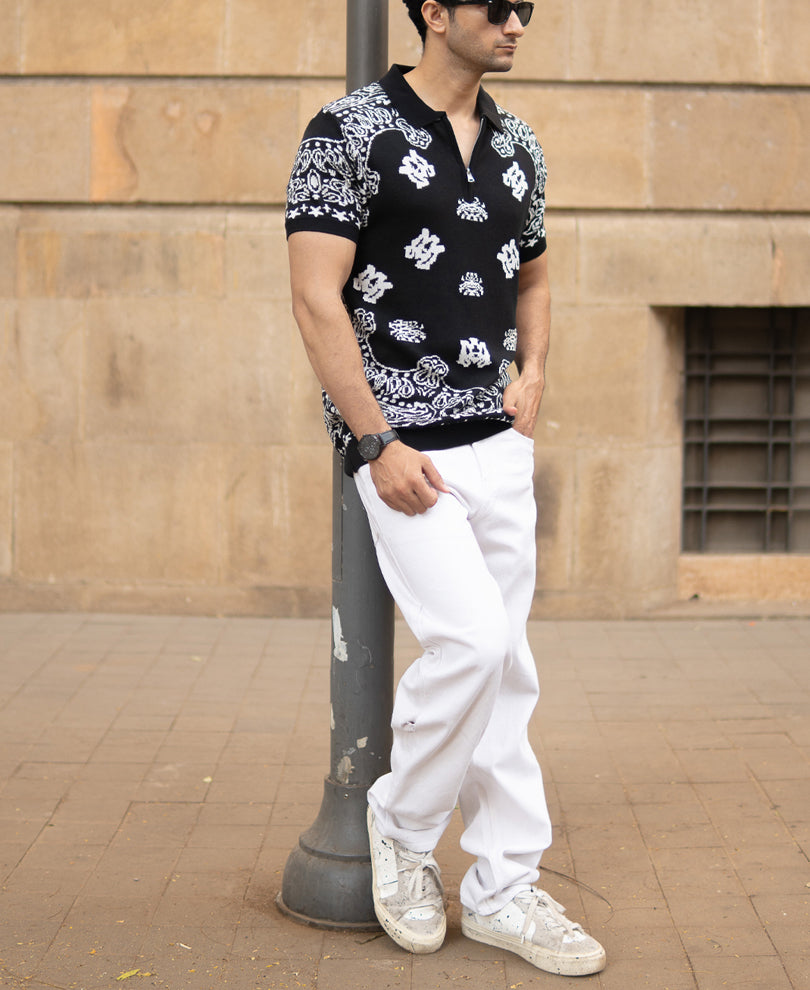 Black Bandana Knit Polo T-Shirt