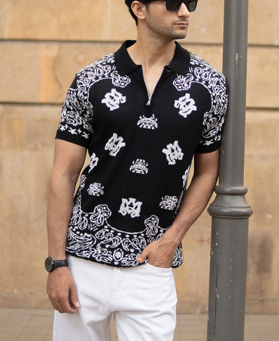 Black Bandana Knit Polo T-Shirt