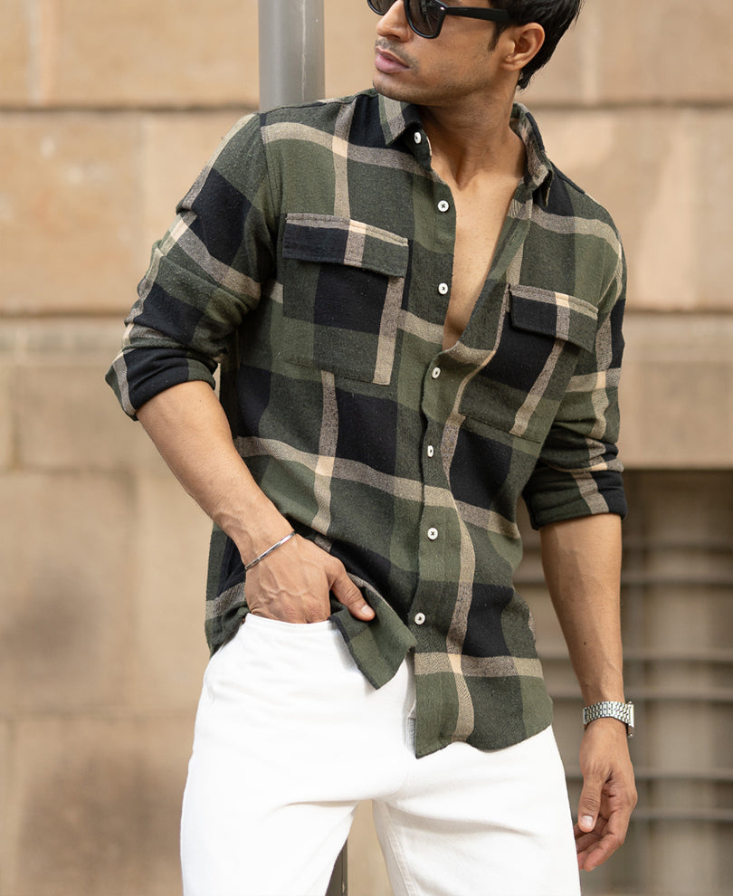 Olive Brushed Checks Shirt