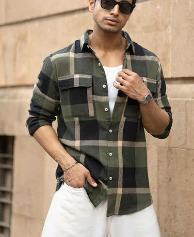 Olive Brushed Checks Shirt