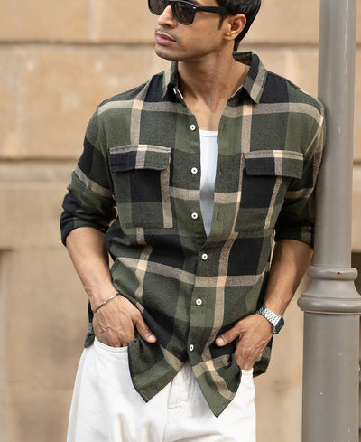 Olive Brushed Checks Shirt