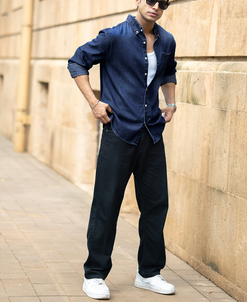 Dark Blue Washed Denim Shirt 100% Cotton Dark Blue Washed Denim Shirt 100% Cotton