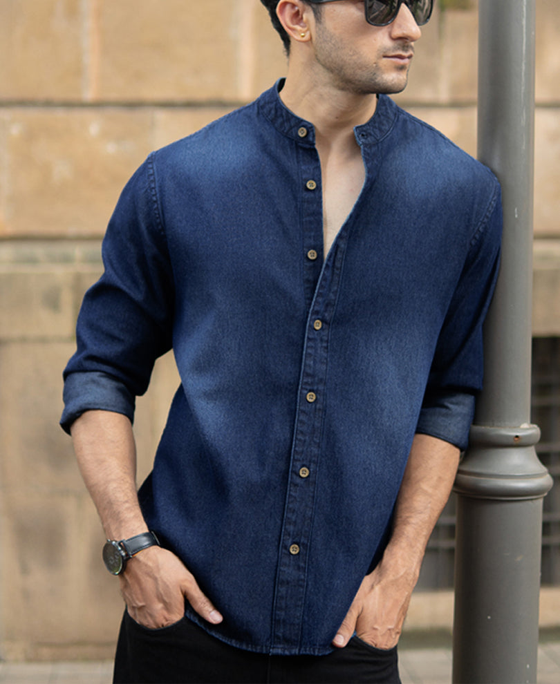 Mandarin Collar Denim Shirt