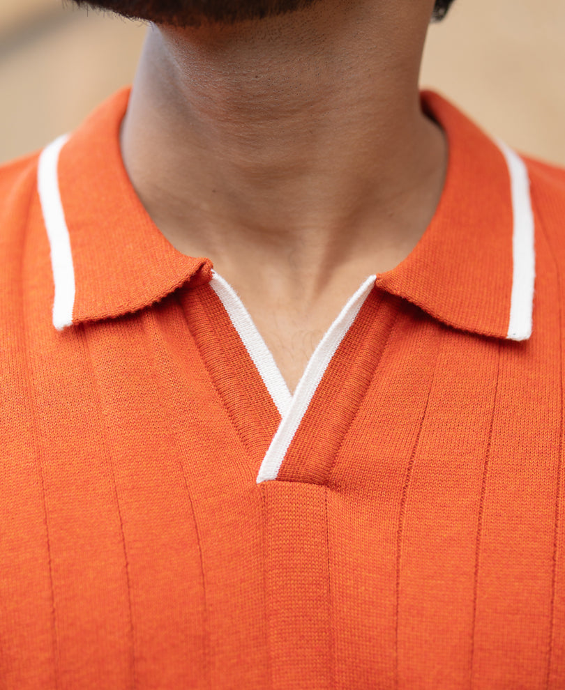 Orange Knit Half Sleeves Polo T-Shirt