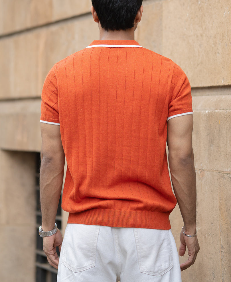 Orange Knit Half Sleeves Polo T-Shirt