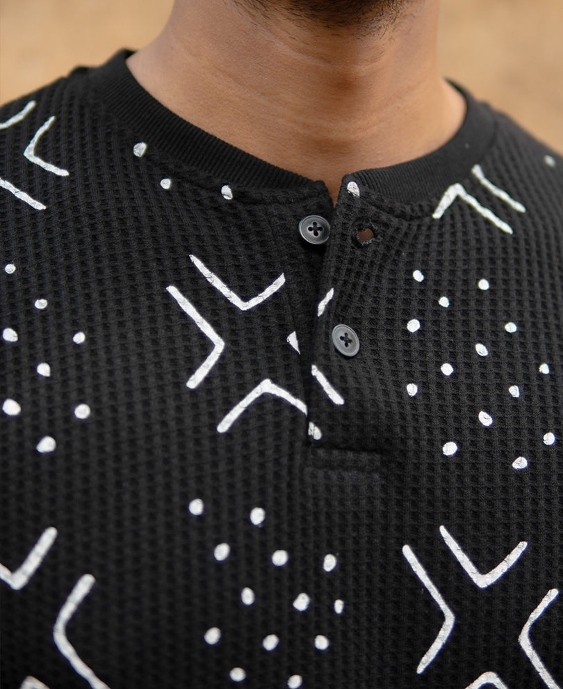 Black Structured Printed Henley T-Shirt.