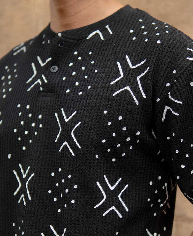 Black Structured Printed Henley T-Shirt