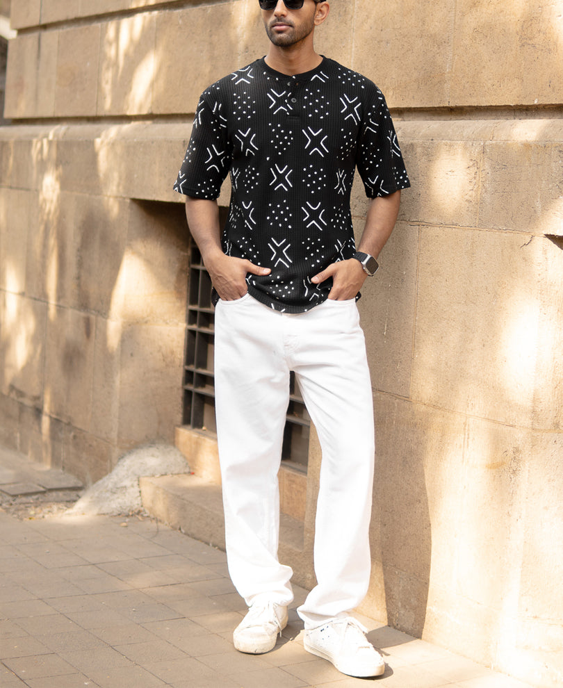 Black Structured Printed Henley T-Shirt