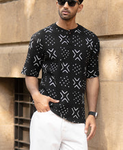 Black Structured Printed Henley T-Shirt.