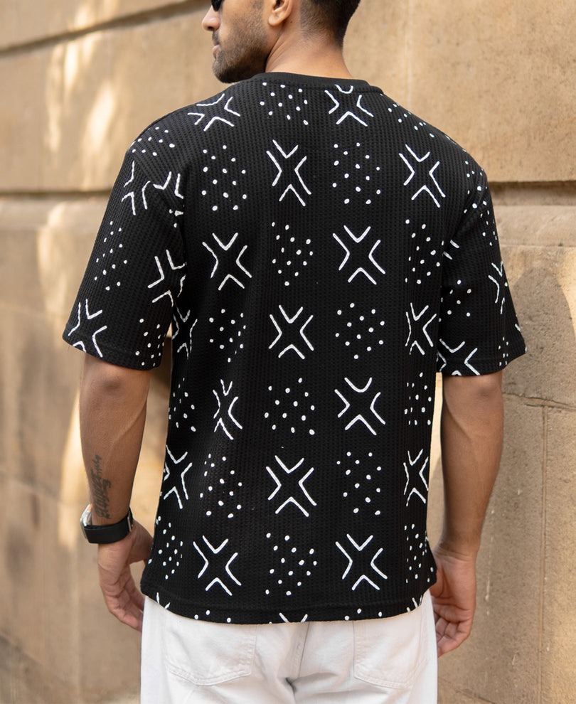 Black Structured Printed Henley T-Shirt