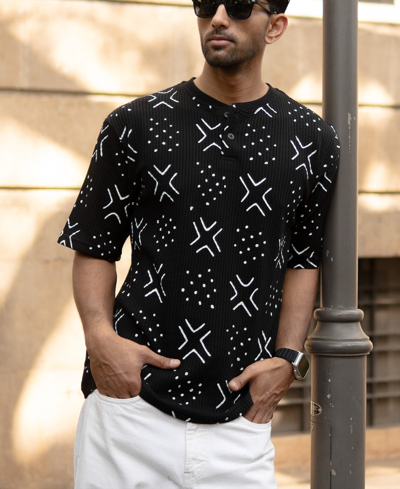 Black Structured Printed Henley T-Shirt.
