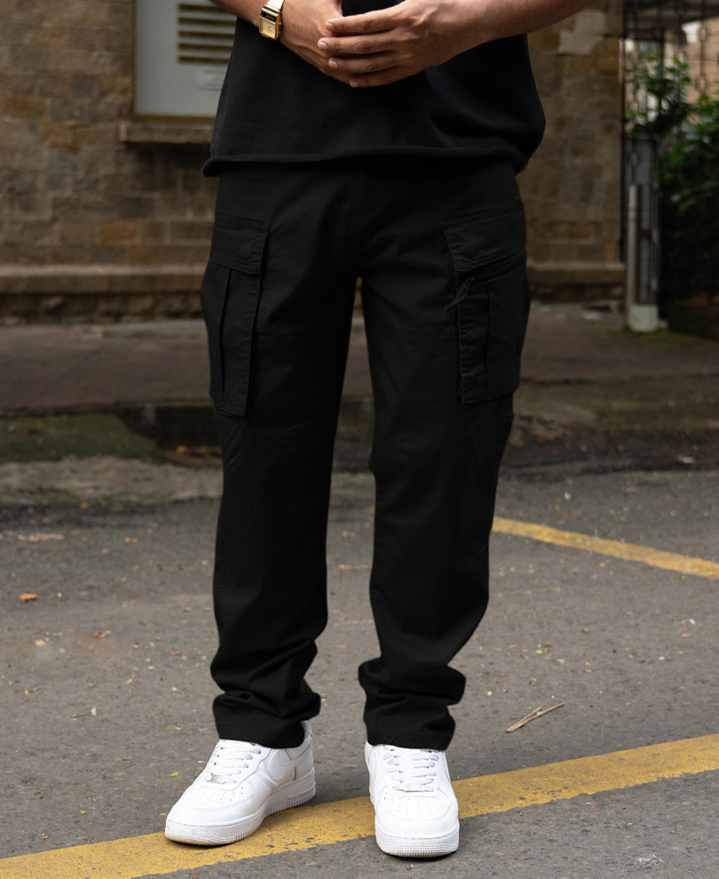 Black Regular Fit Cotton Utility Cargo Pant