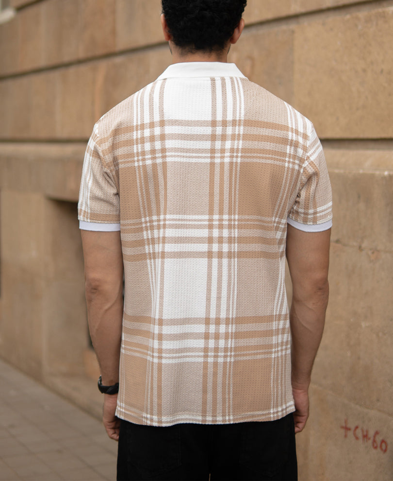 Beige Printed Checks T-Shirt