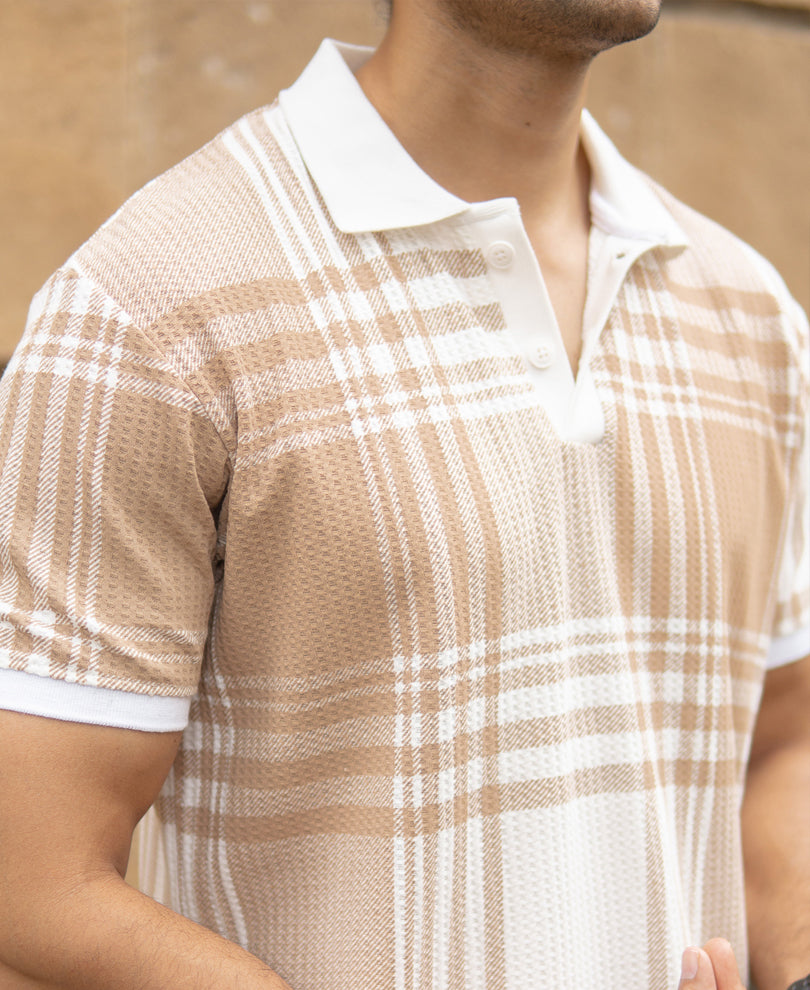 Beige Printed Checks T-Shirt