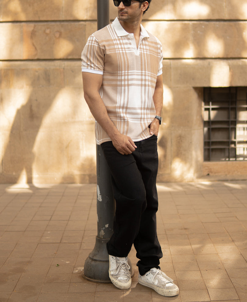 Beige Printed Checks T-Shirt
