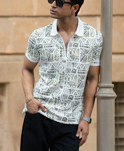 White Printed Polo T-Shirt