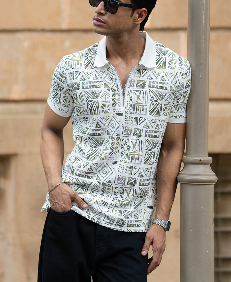White Printed Polo T-Shirt