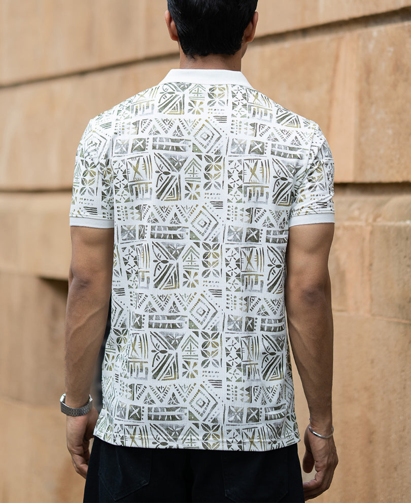 White Printed Polo T-Shirt