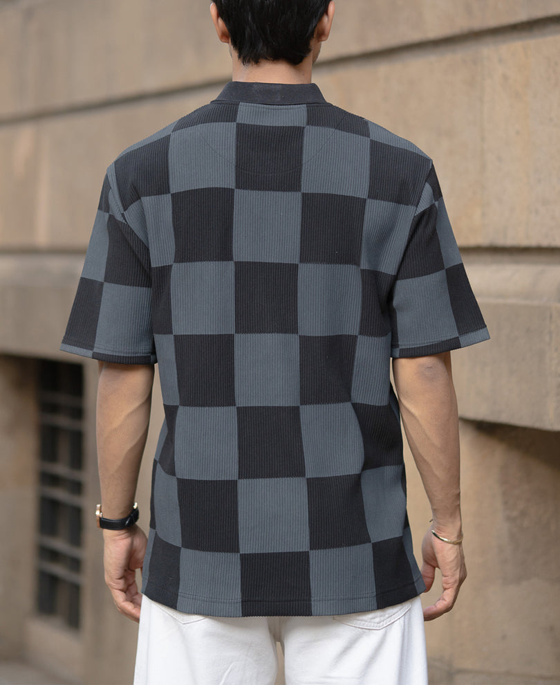 Grey Printed Checks Polo T-Shirt