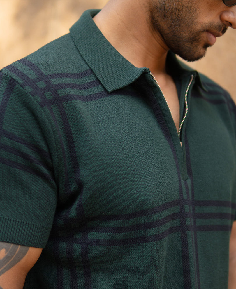 Forest Green Knitted Checks T-Shirt