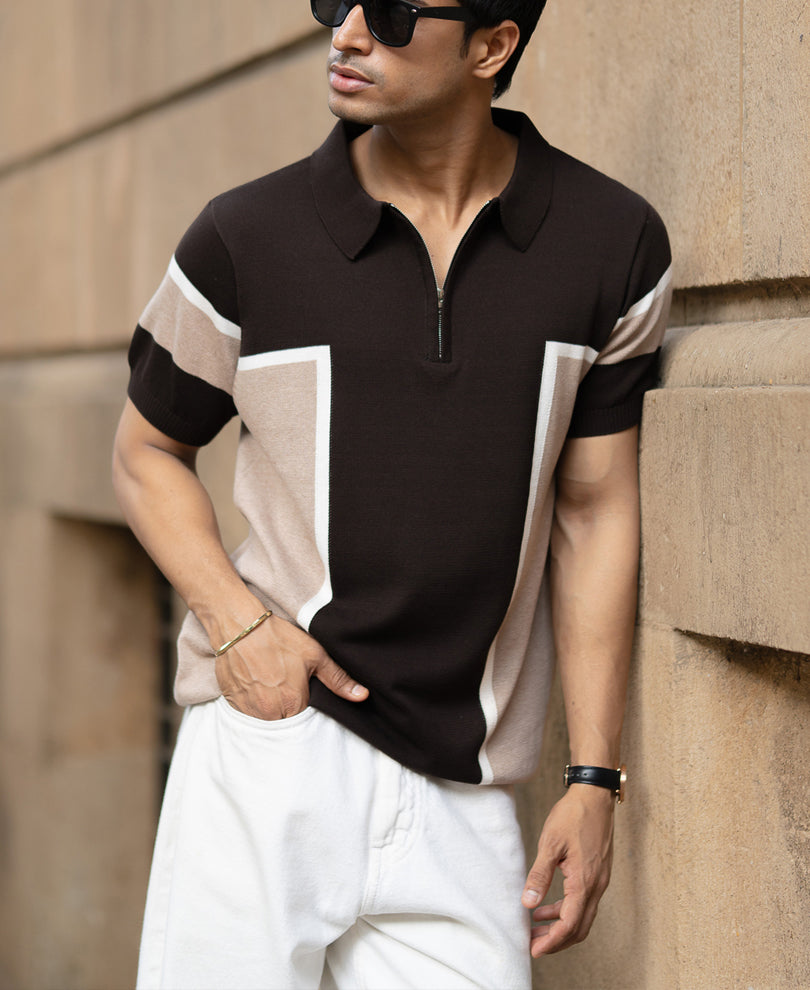 Dark Brown Colour Blocked T-Shirt