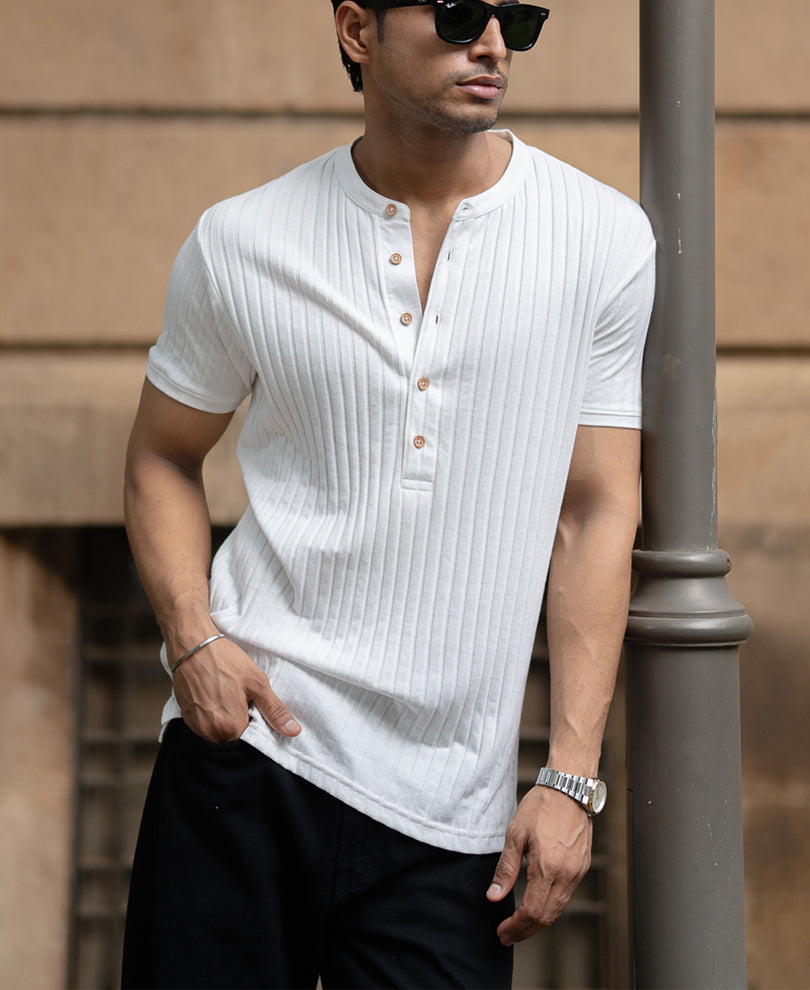 White Knit Henley T-Shirt