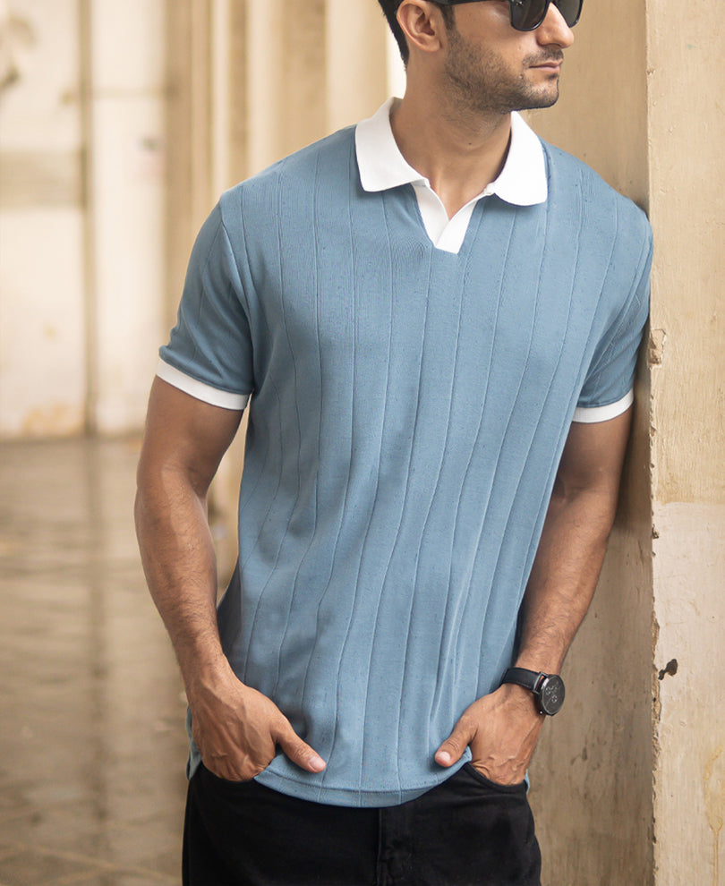 Sky Grey Contrast Collar T-Shirt