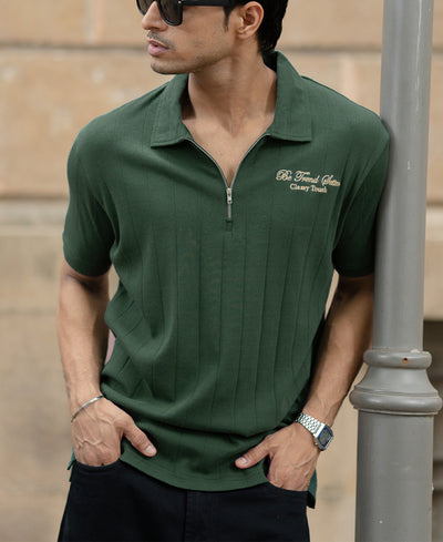 Green Embroidered Zipper T-Shirt