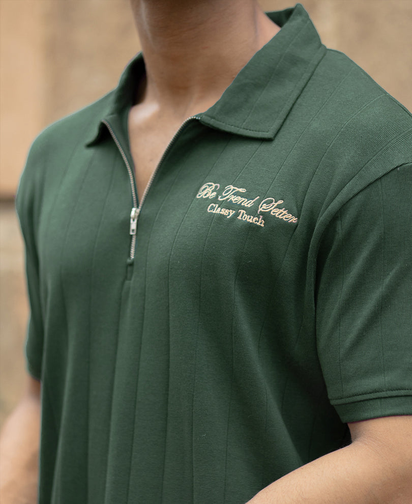 Green Embroidered Zipper T-Shirt