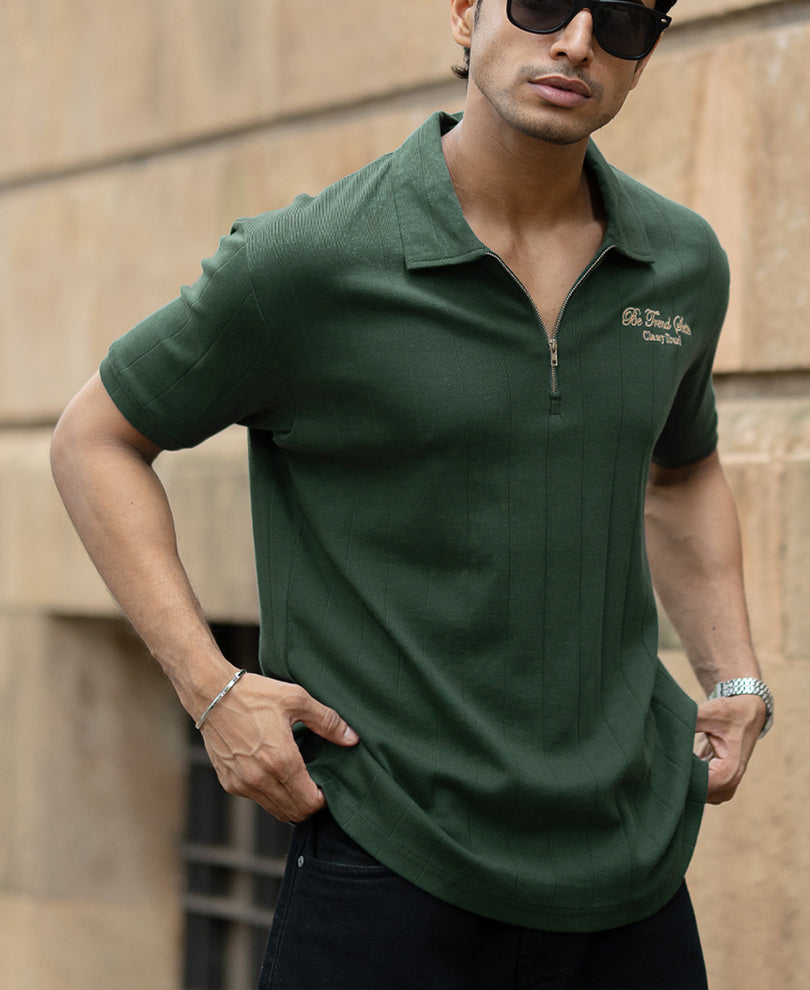 Green Embroidered Zipper T-Shirt