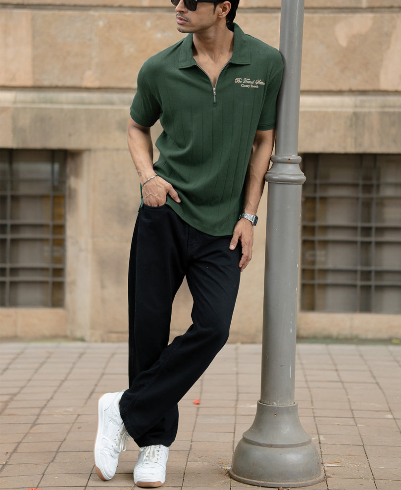 Green Embroidered Zipper T-Shirt