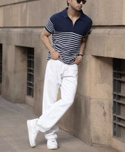 Blue Knitted Stripe Polo T-Shirt
