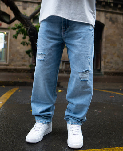 Mid Blue Baggy Ripped Jeans