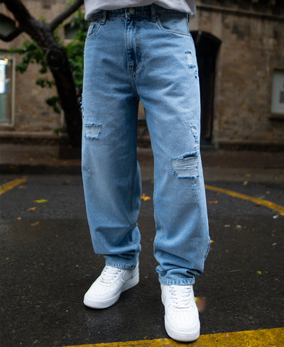 Mid Blue Baggy Ripped Jeans