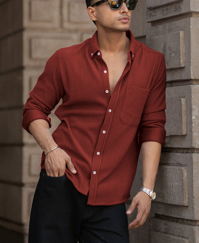 Brick Red Structured Knit Shirt