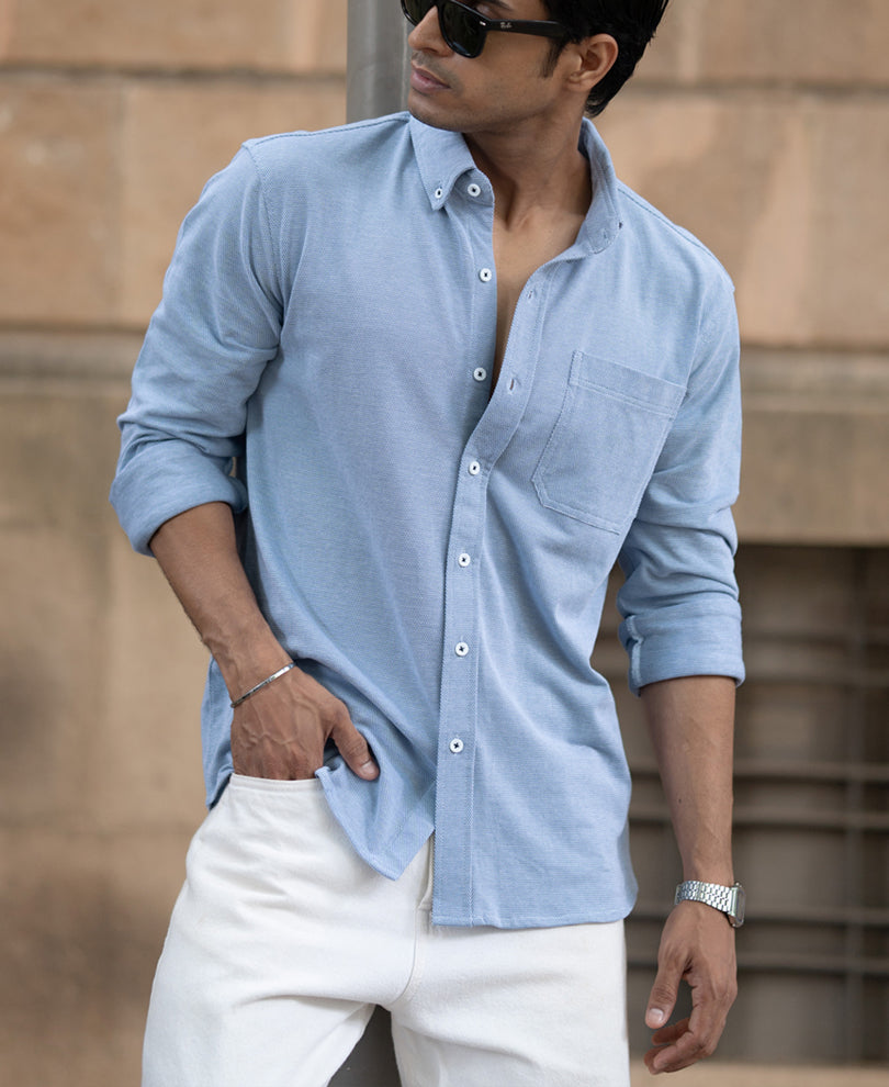 Blue Knitted Button Down Shirt