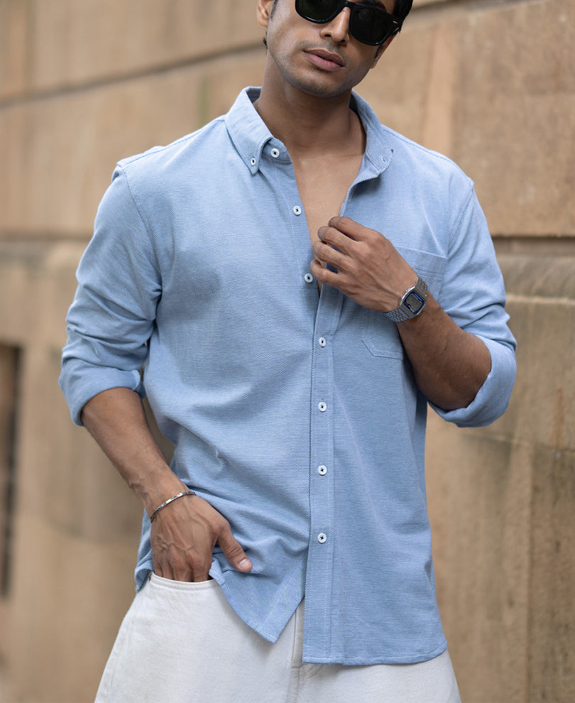 Blue Knitted Button Down Shirt